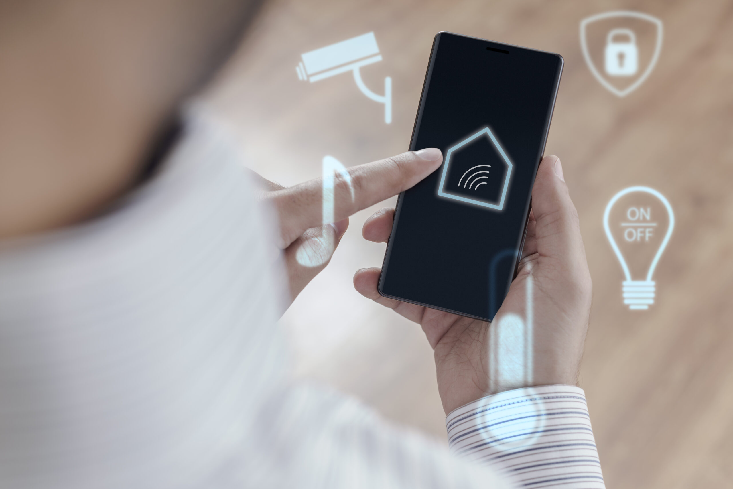 Man using smartphone to control Smart home - Smart house concept